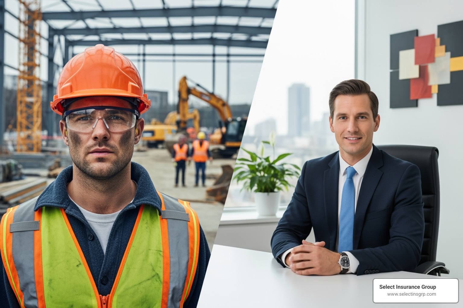 split-screen showing a construction worker (required) and a consultant (recommended) - Small business insurance Florida