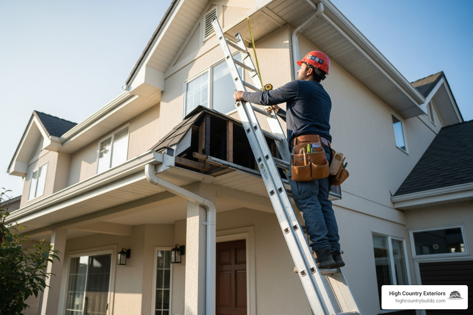 person safely on a ladder measuring a soffit panel for replacement - Fascia soffit repair