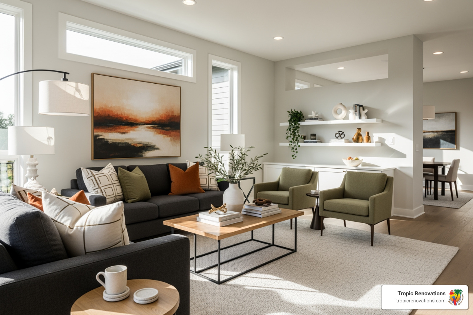 living room with area rug and sofa defining zone - Open Concept Remodeling