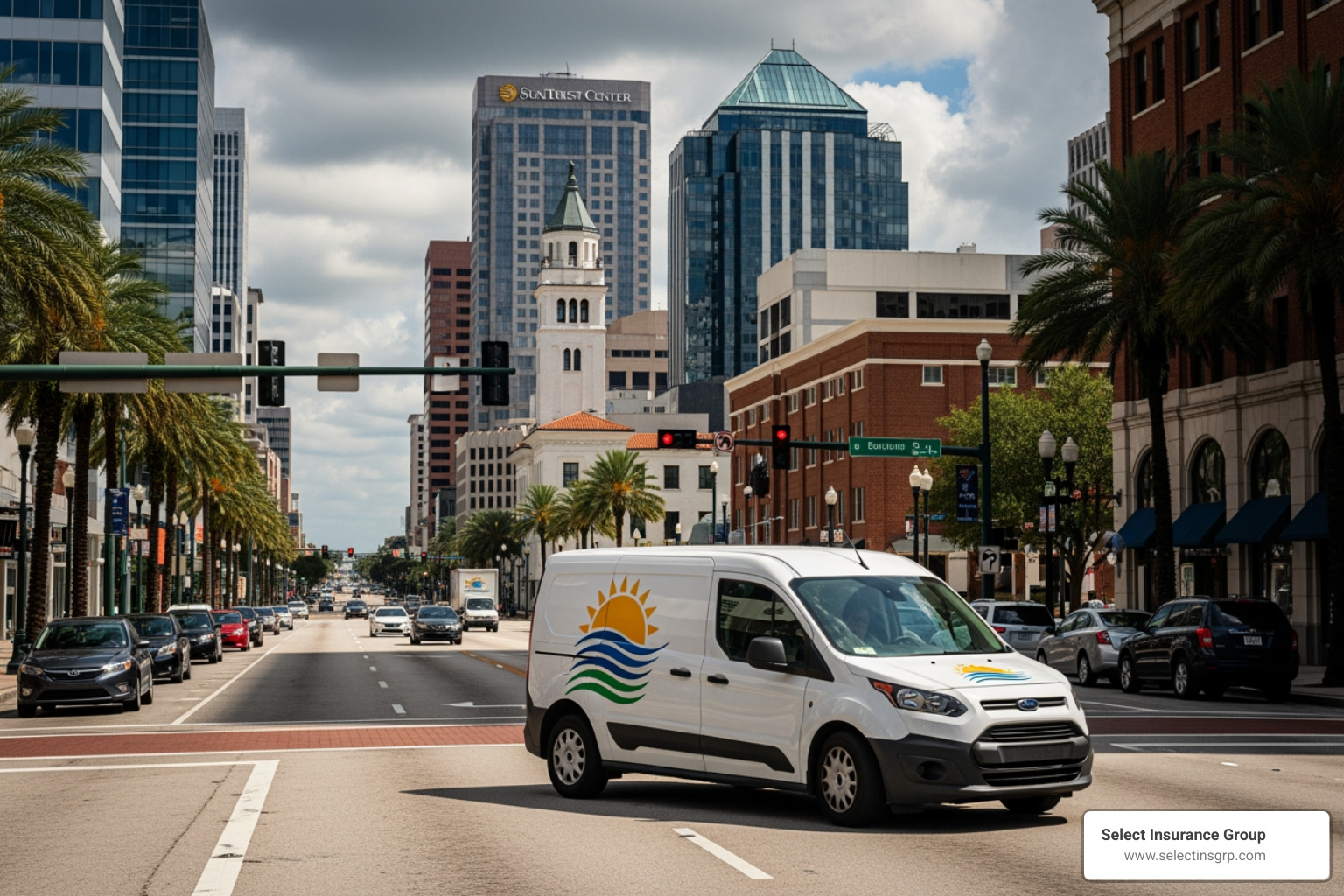 Commercial van driving in Orlando traffic - business insurance orlando