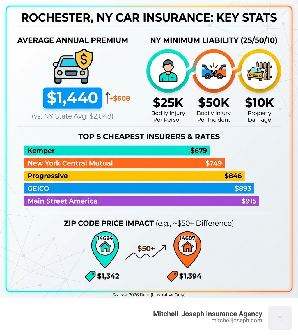 Infographic showing Rochester car insurance key statistics: average annual premium of $1,440, New York minimum liability requirements of 25/50/10, top 5 cheapest insurers with their rates, and how ZIP codes 14624 through 14607 affect pricing - auto insurance companies rochester ny infographic 