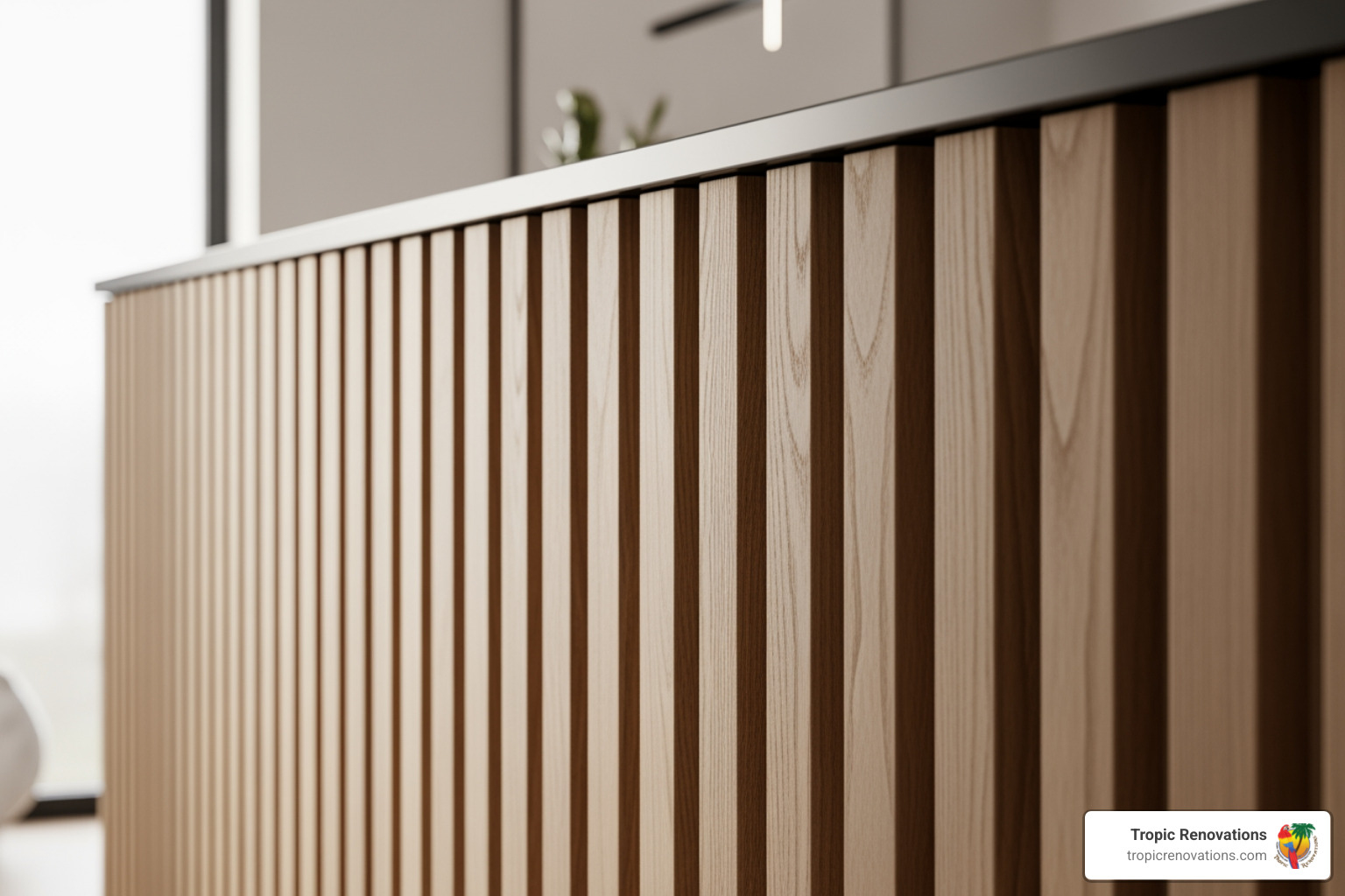 close-up of wood slat accent half wall texture - accent half wall