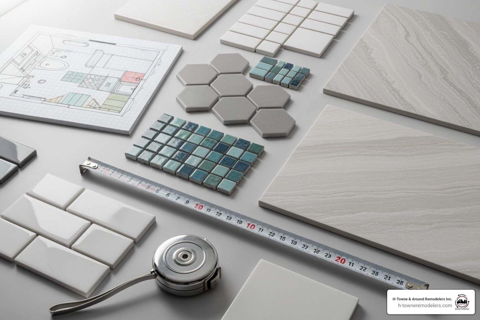 Image of various tile samples, a tape measure, and a design sketch on graph paper - bathroom tile installation