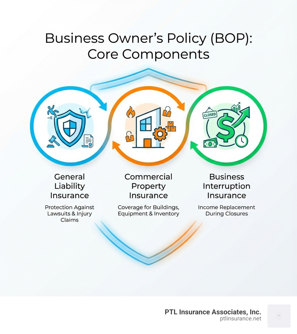 Infographic showing the three core components of a Business Owner's Policy: a shield icon representing General Liability Insurance with protection against lawsuits and injury claims, a building icon representing Commercial Property Insurance with coverage for buildings equipment and inventory, and a dollar sign with arrow icon representing Business Interruption Insurance with income replacement during closures - business owners policy infographic Infographic showing the three core components of a Business Owner's Policy: a shield icon representing General Liability Insurance with protection against lawsuits and injury claims, a building icon representing Commercial Property Insurance with coverage for buildings equipment and inventory, and a dollar sign with arrow icon representing Business Interruption Insurance with income replacement during closures - business owners policy infographic