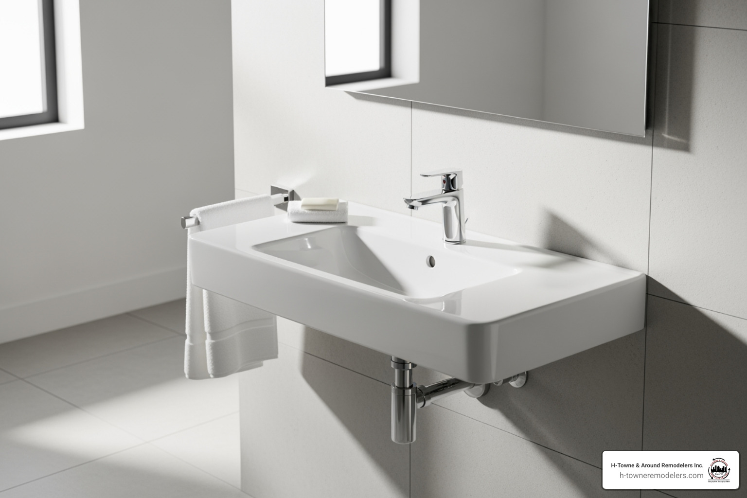 Wall-mounted sink with a stylish, single-lever faucet - ADA bathroom remodel