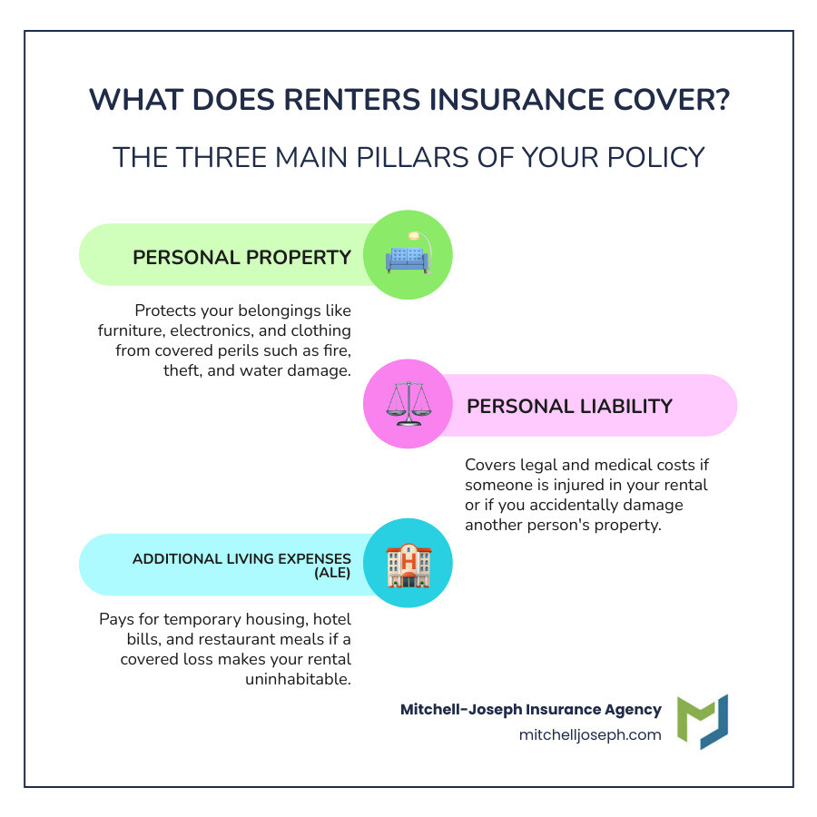 Infographic showing the three main pillars of renters insurance coverage: Personal Property Coverage protects belongings from theft, fire, vandalism and other covered perils; Liability Protection covers legal costs and damages if someone is injured or their property is damaged; Additional Living Expenses pays for temporary housing and meals if your rental becomes uninhabitable due to a covered loss - what does renters insurance cover infographic infographic-line-3-steps-colors