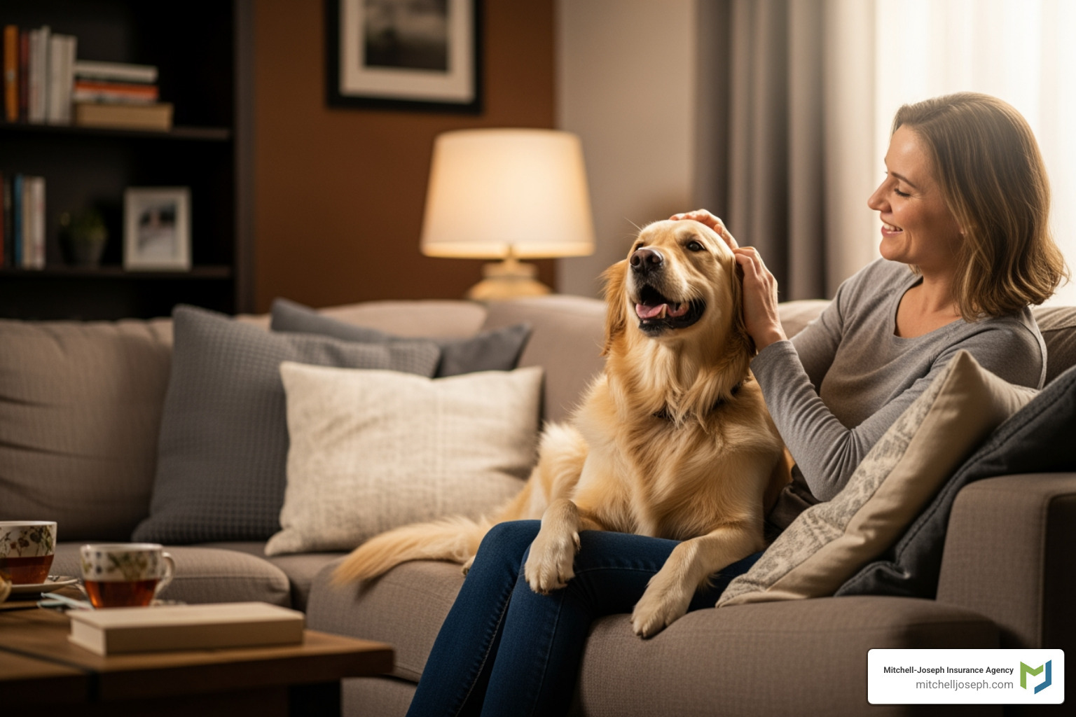 A friendly dog sitting next to its owner on a couch, illustrating pet liability coverage - what does renters insurance cover