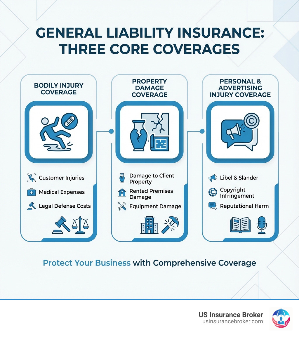 Infographic showing the three core coverages of general liability insurance: Bodily Injury Coverage (customer injuries, medical expenses, legal defense), Property Damage Coverage (damage to client property, rented premises, equipment damage), and Personal & Advertising Injury Coverage (libel, slander, copyright infringement, reputational harm) - commercial liability insurance quote infographic Infographic showing the three core coverages of general liability insurance: Bodily Injury Coverage (customer injuries, medical expenses, legal defense), Property Damage Coverage (damage to client property, rented premises, equipment damage), and Personal & Advertising Injury Coverage (libel, slander, copyright infringement, reputational harm) - commercial liability insurance quote infographic