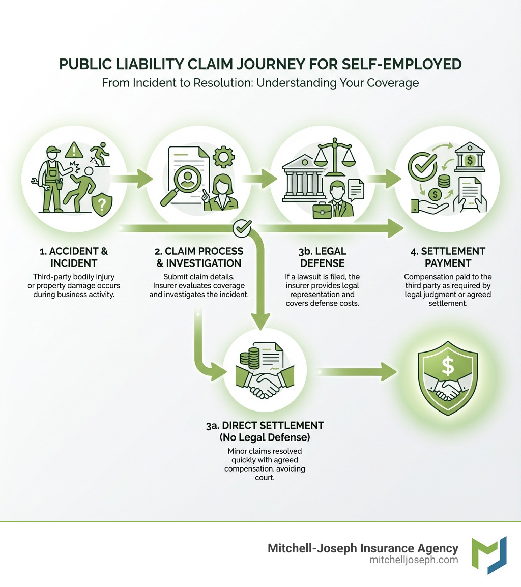 infographic showing claim process from accident to legal defense to settlement payment for public liability insurance - self employed public liability insurance infographic infographic showing claim process from accident to legal defense to settlement payment for public liability insurance - self employed public liability insurance infographic