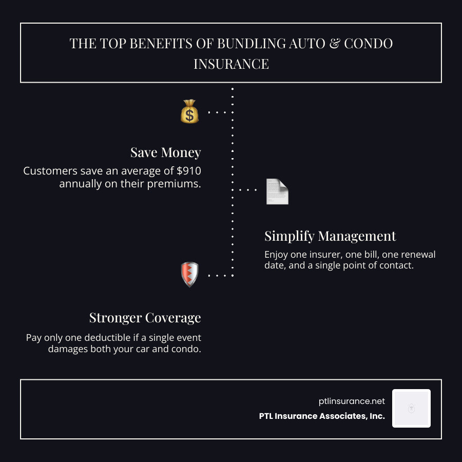 Infographic showing the three main benefits of bundling auto and condo insurance: Save Money with dollar sign icon showing average savings of $910, Simplify Life with single document icon representing one bill and one renewal date, and Stronger Coverage with shield icon highlighting single deductible advantage - bundle auto and condo insurance infographic infographic-line-3-steps-dark Infographic showing the three main benefits of bundling auto and condo insurance: Save Money with dollar sign icon showing average savings of $910, Simplify Life with single document icon representing one bill and one renewal date, and Stronger Coverage with shield icon highlighting single deductible advantage - bundle auto and condo insurance infographic infographic-line-3-steps-dark