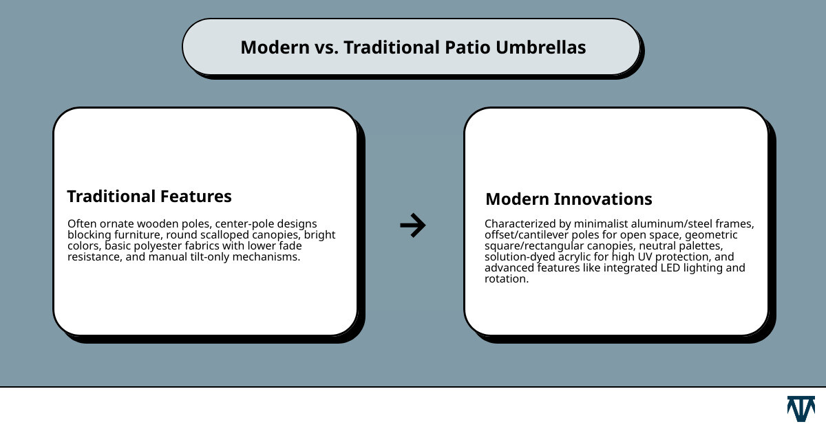 Infographic comparing modern vs traditional patio umbrellas: Modern features include minimalist aluminum or steel frames, offset/cantilever poles for unobstructed space, square or rectangular geometric canopies, neutral colors like gray and beige, solution-dyed acrylic fabrics with high UV protection, integrated LED lighting and rotation mechanisms, versus Traditional features including ornate wooden poles, center-pole design that blocks furniture placement, round scalloped-edge canopies, bright multi-colors and stripes, basic polyester fabrics with lower fade resistance, and manual tilt-only mechanisms - Modern patio umbrella infographic cause_effect_text