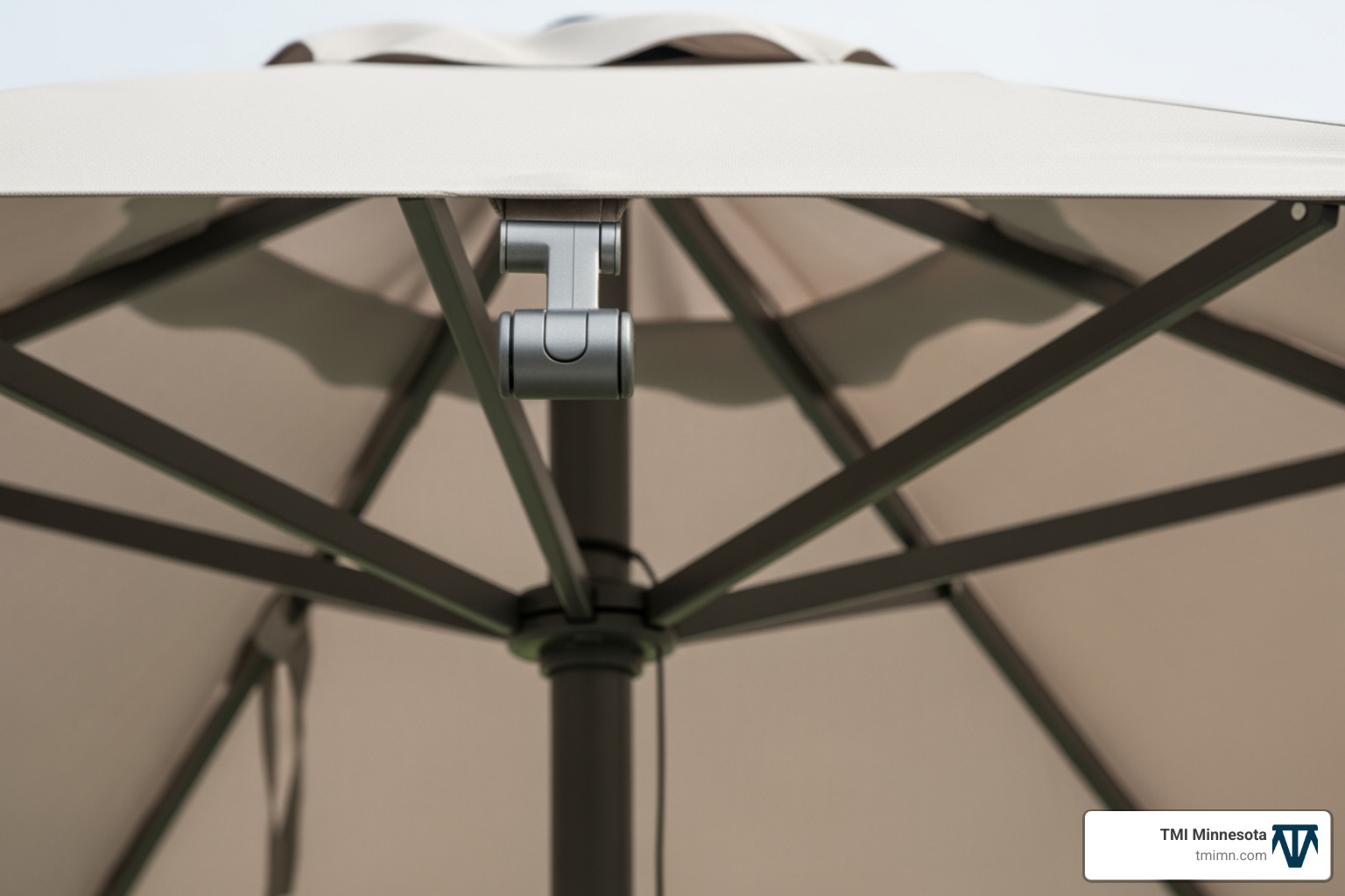 Close-up showing the clean lines and high-quality fabric of a modern umbrella, possibly in a neutral color - Modern patio umbrella