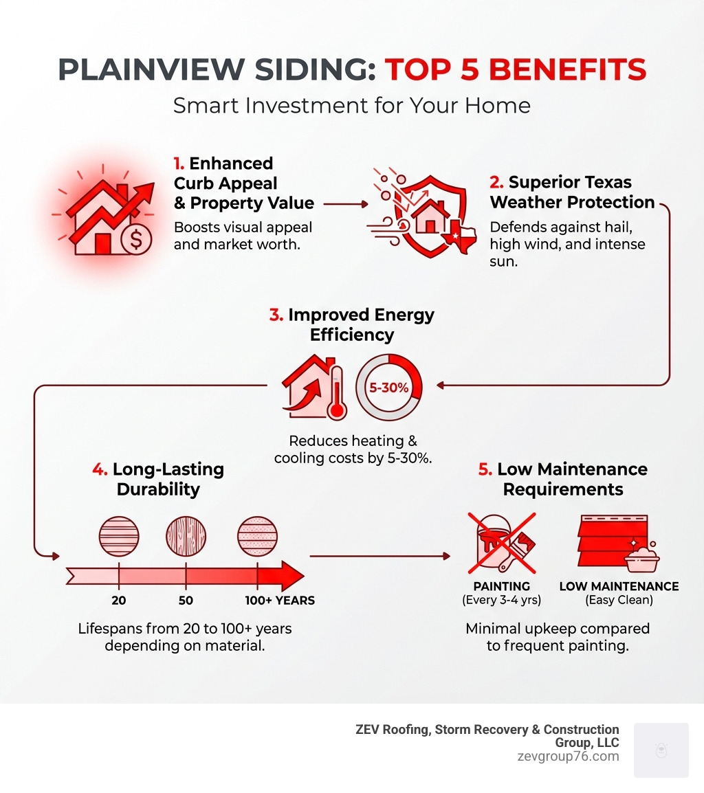 Infographic showing the top 5 benefits of new siding: 1) Enhanced curb appeal and property value, 2) Superior protection against Texas weather including hail and wind, 3) Improved energy efficiency reducing heating and cooling costs by 5-30%, 4) Long-lasting durability with lifespans of 20-100+ years depending on material, 5) Low maintenance requirements compared to painting every 3-4 years - siding contractor Plainview infographic Infographic showing the top 5 benefits of new siding: 1) Enhanced curb appeal and property value, 2) Superior protection against Texas weather including hail and wind, 3) Improved energy efficiency reducing heating and cooling costs by 5-30%, 4) Long-lasting durability with lifespans of 20-100+ years depending on material, 5) Low maintenance requirements compared to painting every 3-4 years - siding contractor Plainview infographic