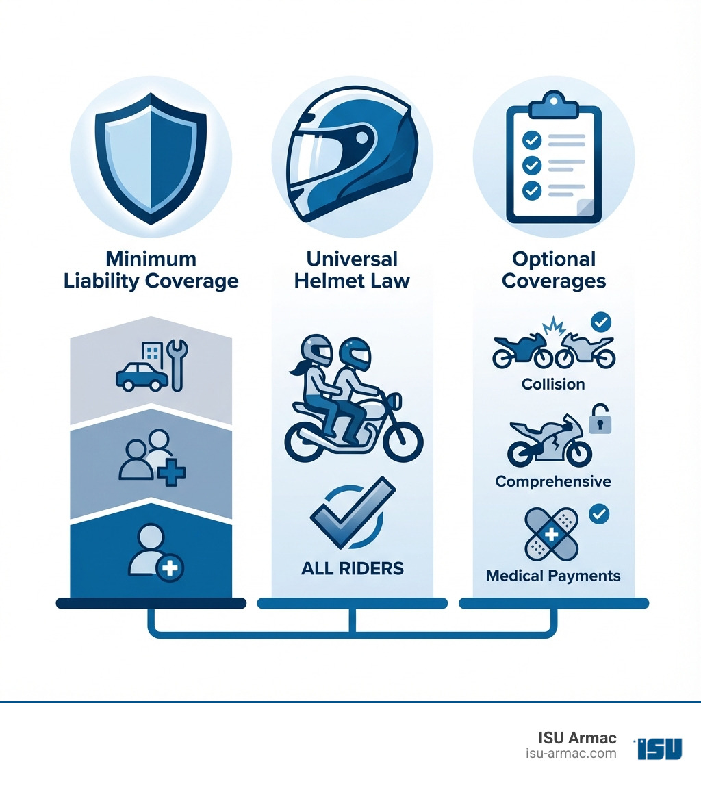 infographic showing three pillars of California motorcycle insurance: a shield icon representing Minimum Liability Coverage with 30/60/15 requirements, a helmet icon representing the Universal Helmet Law, and a checklist icon representing Optional Coverages including collision, comprehensive, and medical payments - bike insurance california infographic 
