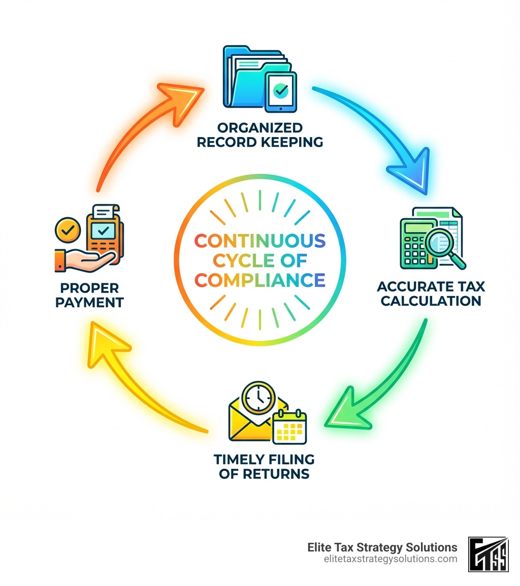 infographic showing the cycle of tax compliance: organized record keeping leads to accurate tax calculation, which flows to timely filing of returns, followed by proper payment, creating a continuous cycle of compliance - tax compliance accountant infographic infographic showing the cycle of tax compliance: organized record keeping leads to accurate tax calculation, which flows to timely filing of returns, followed by proper payment, creating a continuous cycle of compliance - tax compliance accountant infographic
