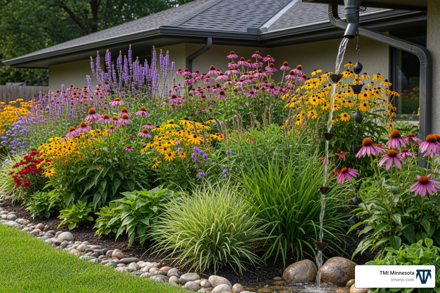 vibrant rain garden capturing rooftop runoff - sustainable outdoor living