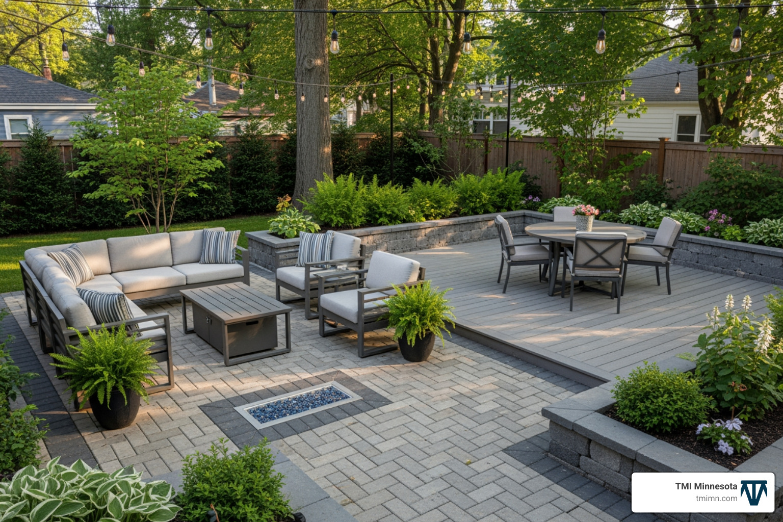stylish patio with permeable pavers and recycled composite decking - sustainable outdoor living