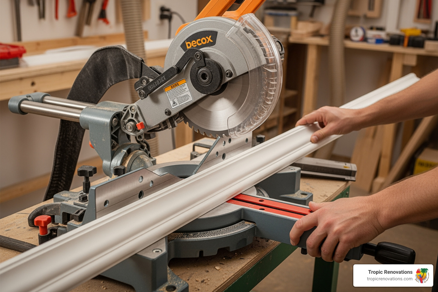 upside down and backward miter saw cutting technique - ceiling moulding installation