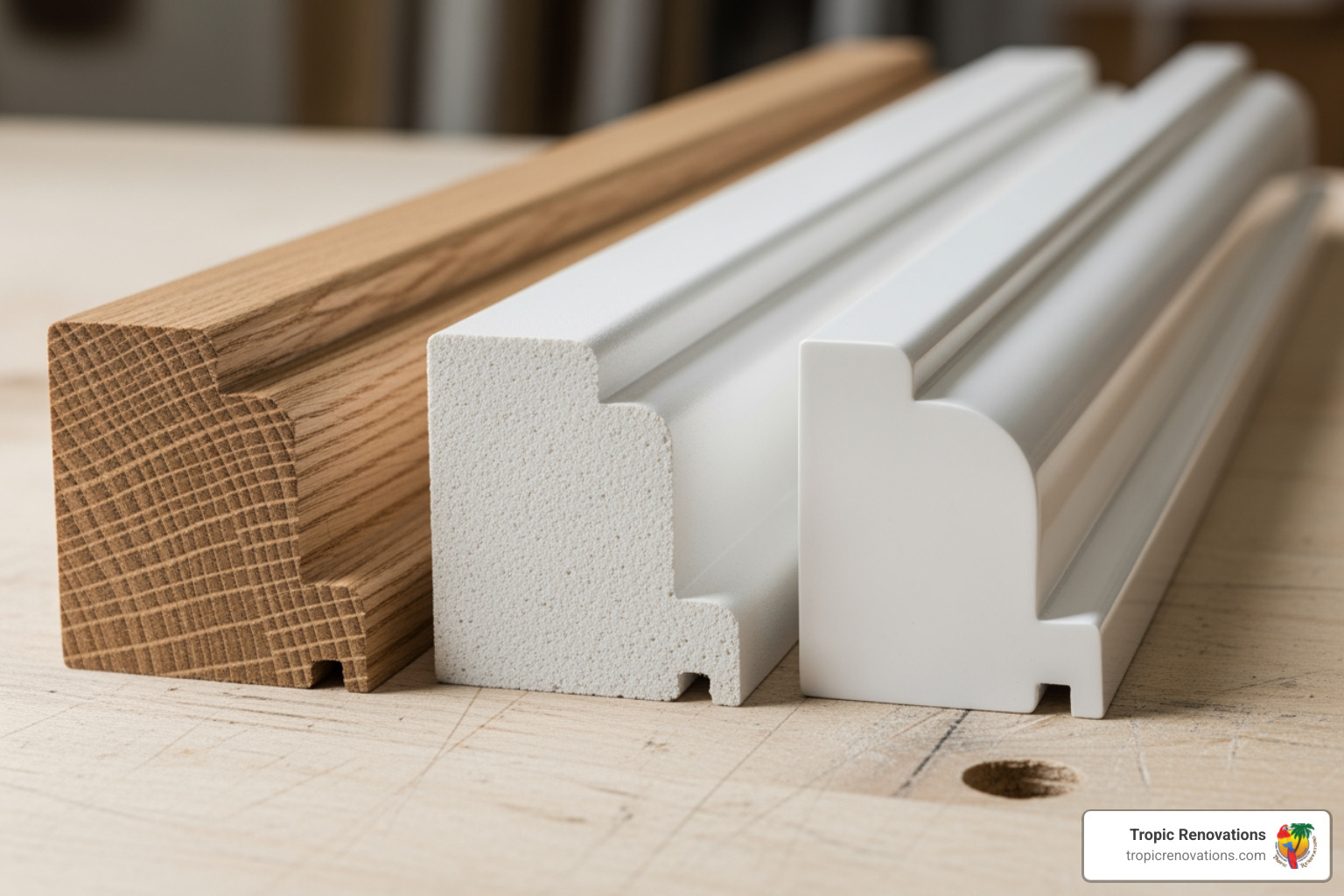 table comparing pros and cons of wood, MDF, and polyurethane moulding materials - ceiling moulding installation