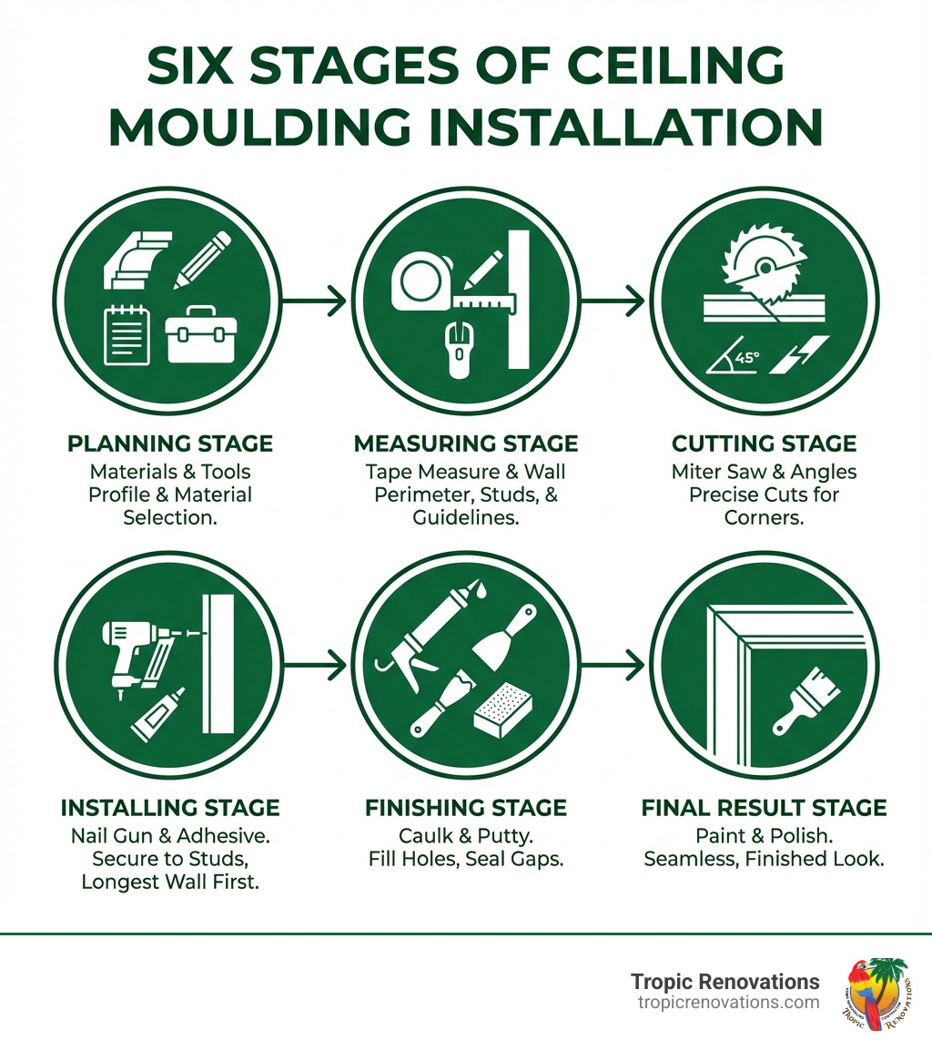 infographic showing six stages of ceiling moulding installation with icons: Planning stage with materials and tools, Measuring stage with tape measure and wall, Cutting stage with miter saw and angles, Installing stage with nail gun and adhesive, Finishing stage with caulk and putty, and Clean-up stage with painted final result - ceiling moulding installation infographic 