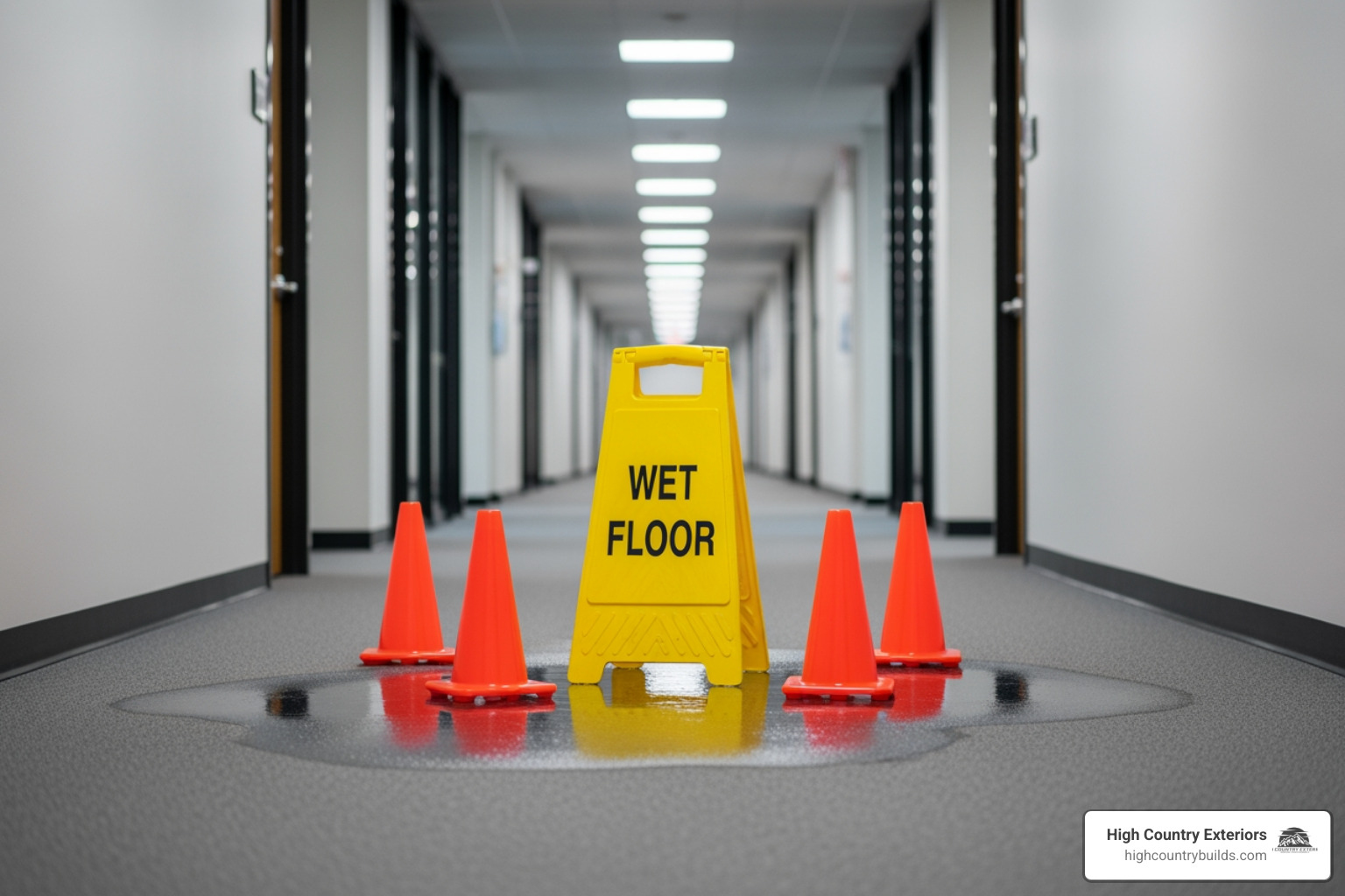 Safety cones and a 'wet floor' sign in an office hallway - Office roof repair