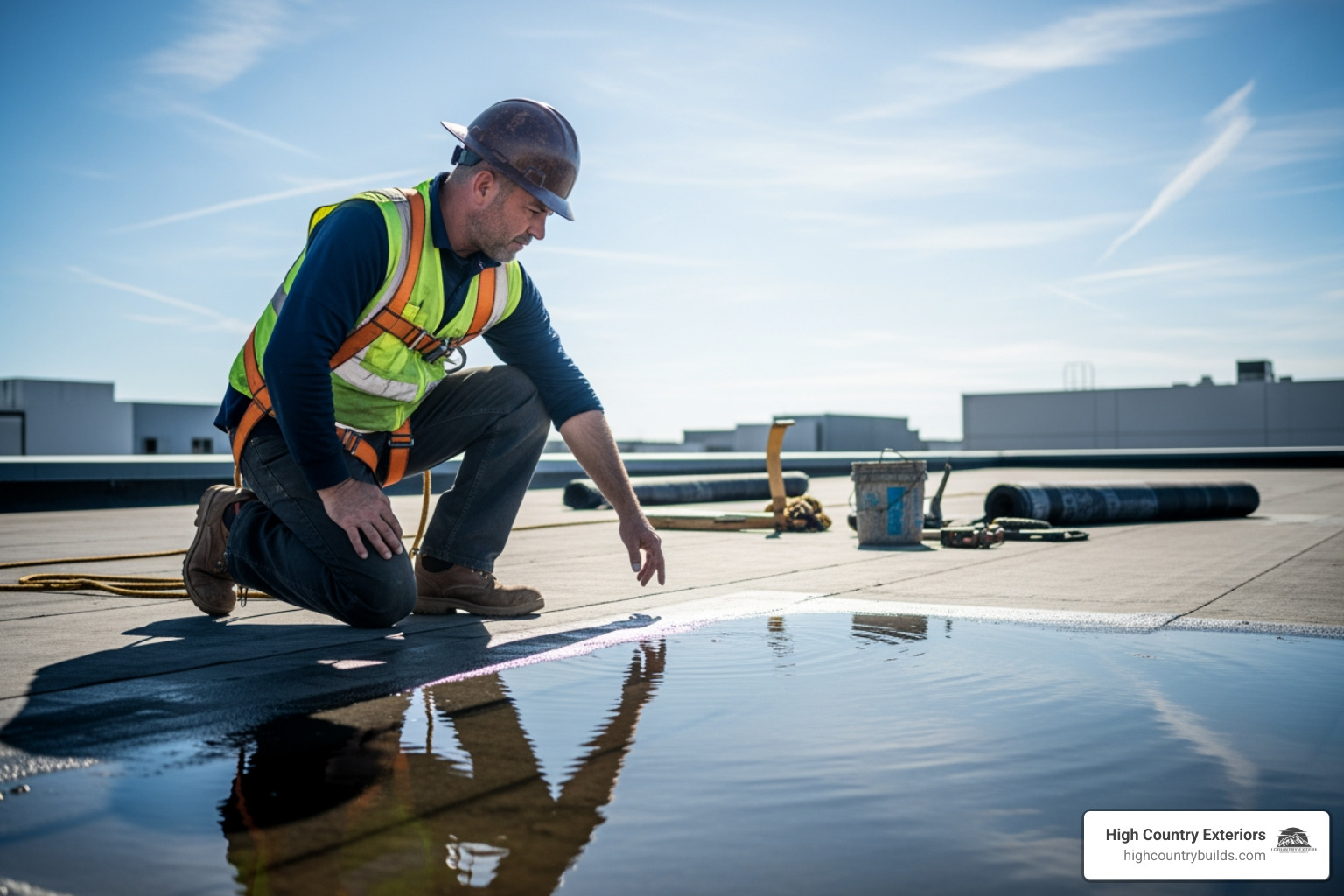 Commercial roofer inspecting a flat roof with ponding water - Office roof repair