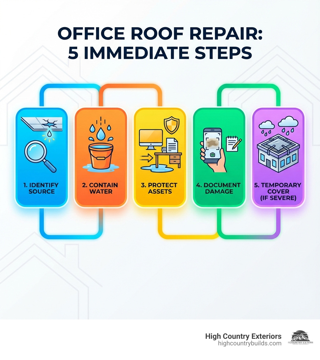 Infographic detailing 5 immediate steps for office roof repair - Office roof repair infographic 