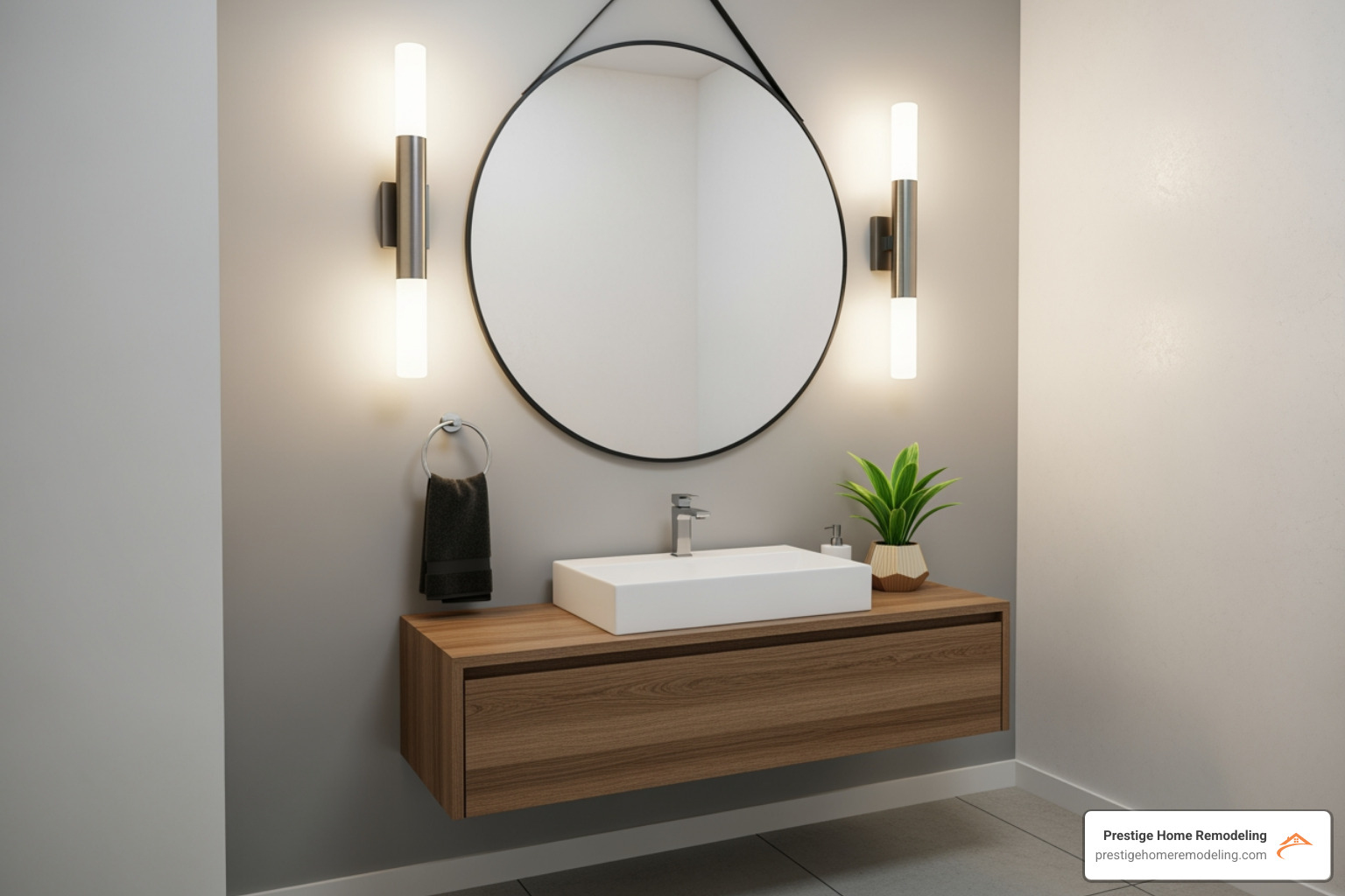 a half bath featuring a floating vanity and statement sconce lighting. - half bath renovation