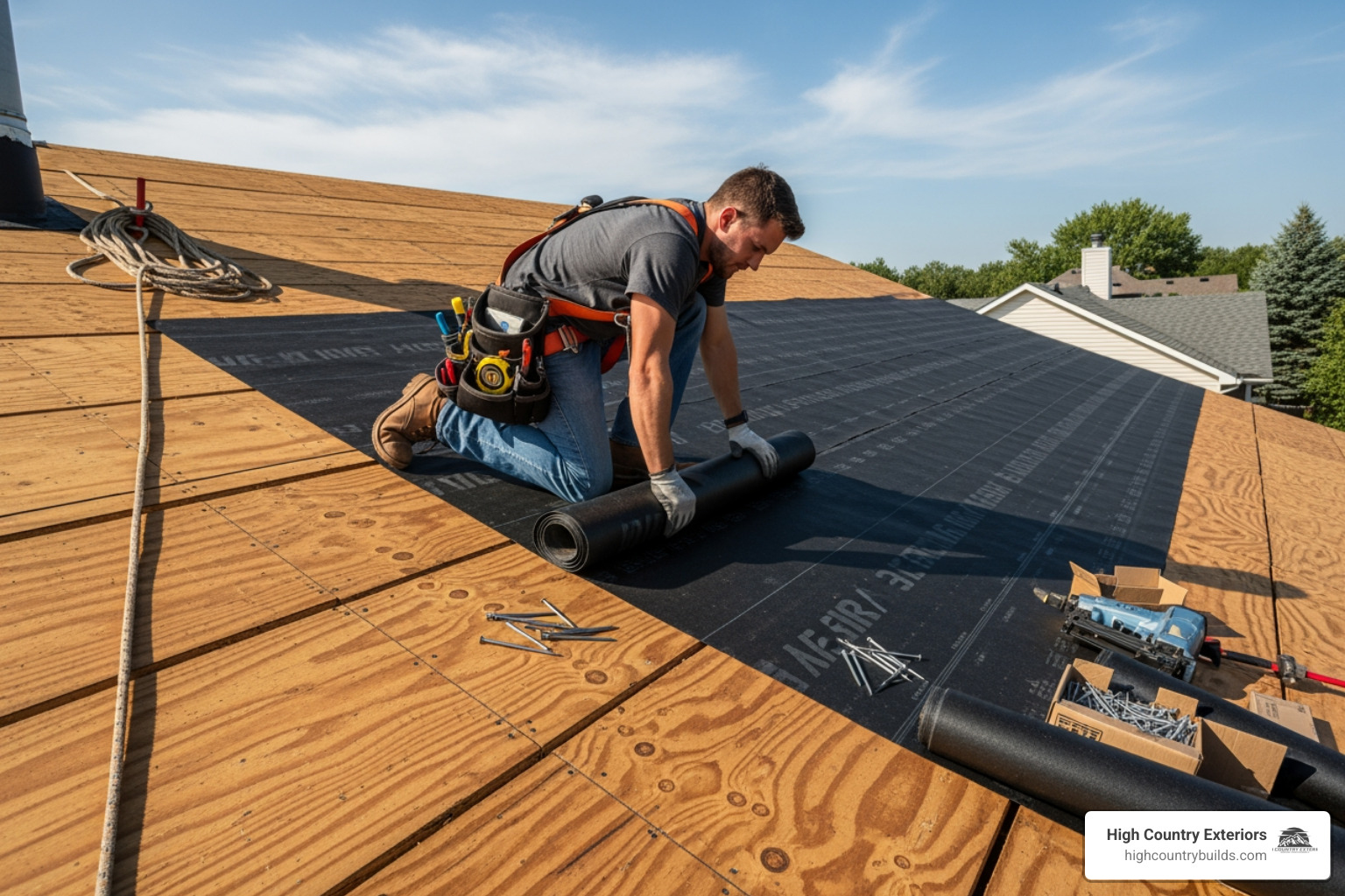 Image of a roofing contractor installing underlayment on a roof deck - cost of metal roofs for homes