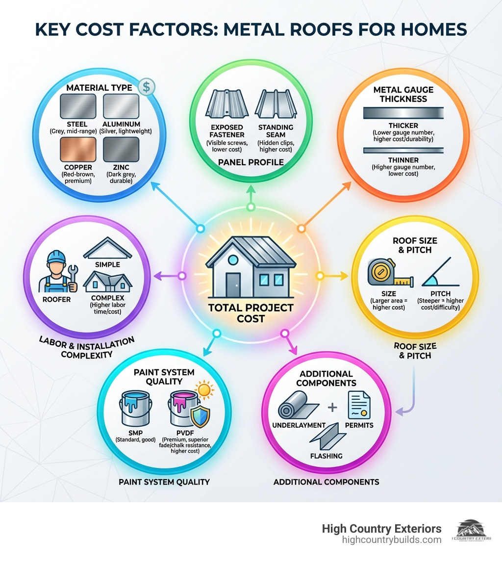 Infographic showing the key cost factors for metal roofs: material type (steel, aluminum, copper, zinc), panel profile (exposed fastener vs standing seam), metal gauge thickness, paint system quality (SMP vs PVDF), labor and installation complexity, roof size and pitch, and additional components like underlayment, flashing, and permits - cost of metal roofs for homes infographic 