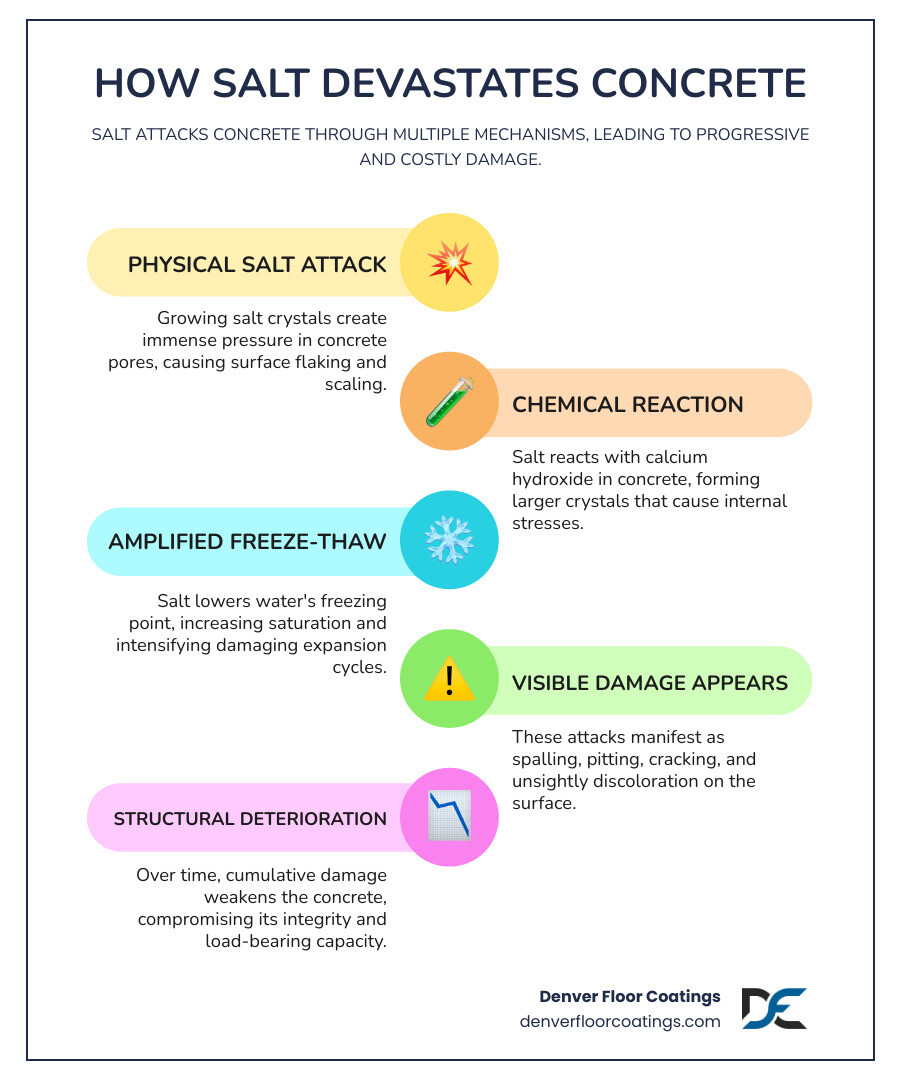 infographic showing salt damage mechanisms: physical salt attack with crystal growth in pores causing scaling, chemical reaction between salt and calcium hydroxide forming larger crystals, and freeze-thaw cycle with water expanding in concrete creating internal pressure and cracks - protect concrete from salt infographic infographic-line-5-steps-colors
