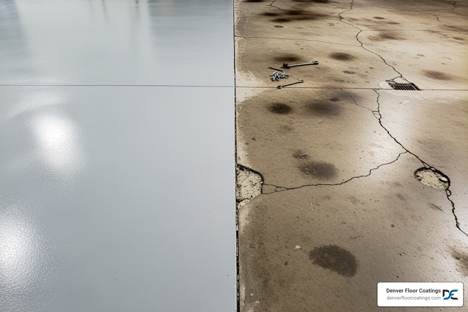 clean, pristine coated garage floor next to a stained, damaged one - protect concrete from salt