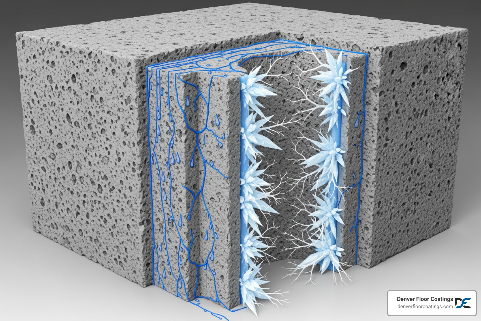 diagram showing water penetrating concrete and freezing - protect concrete from salt