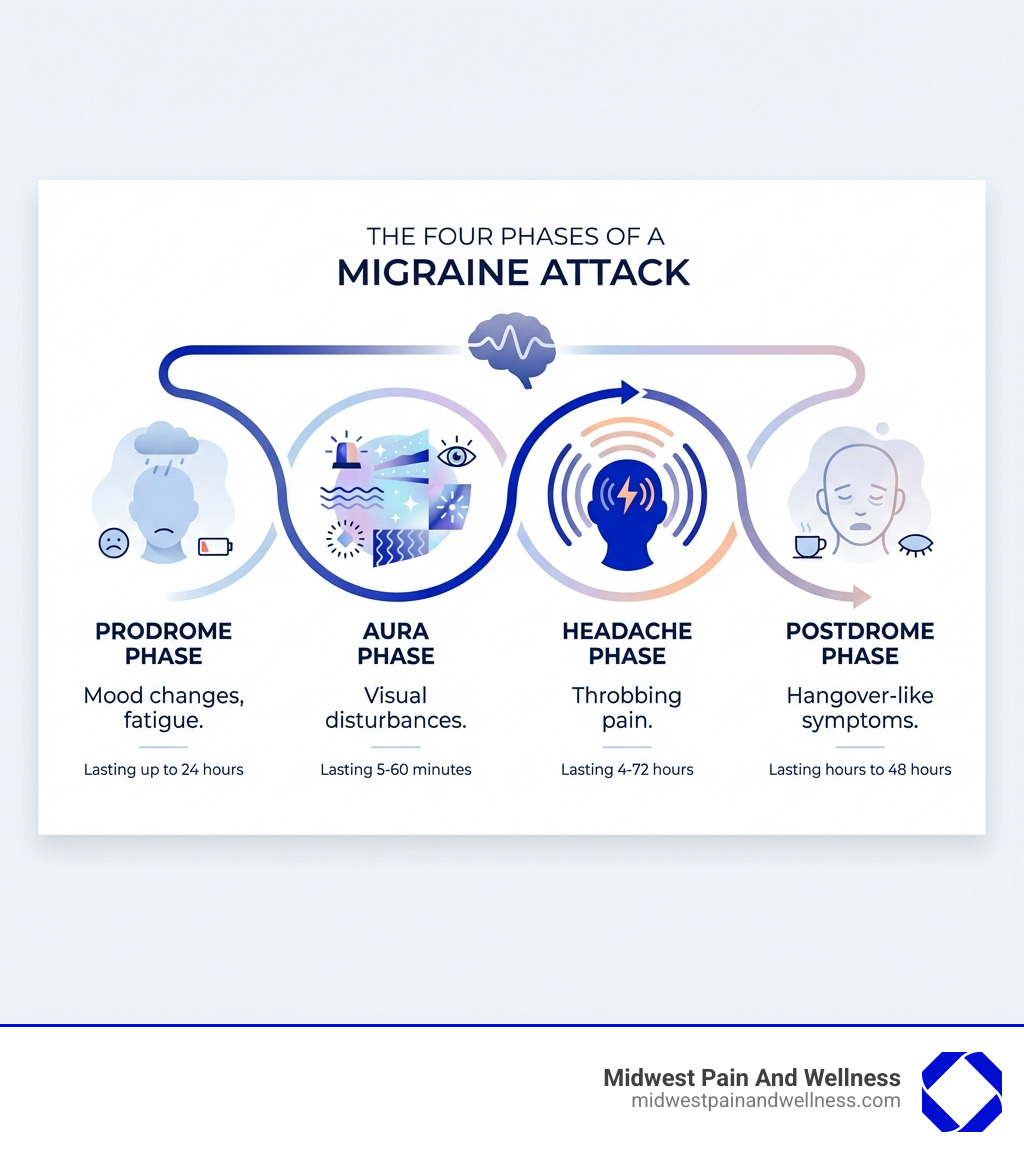 infographic showing the four phases of a migraine attack: prodrome phase with mood changes and fatigue lasting up to 24 hours, aura phase with visual disturbances lasting 5-60 minutes, headache phase with throbbing pain lasting 4-72 hours, and postdrome phase with hangover-like symptoms lasting hours to 48 hours - migraine pain management infographic 