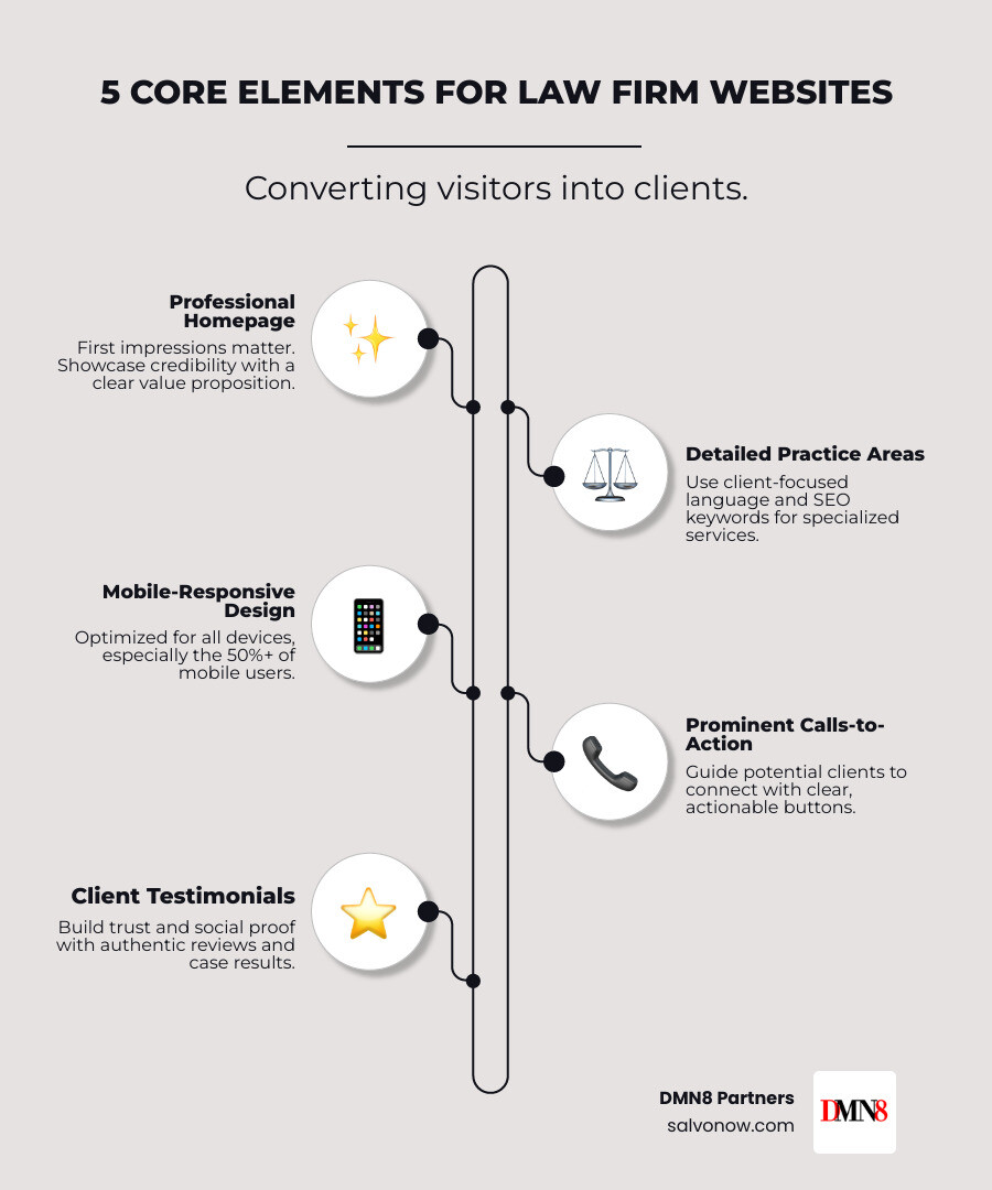 infographic showing the 5 core elements of a high-converting law firm website: professional homepage with clear value proposition, detailed practice area pages with SEO keywords, mobile-responsive design for all devices, prominent contact forms and calls-to-action, and client testimonials with social proof - law firm website design infographic infographic-line-5-steps-elegant_beige