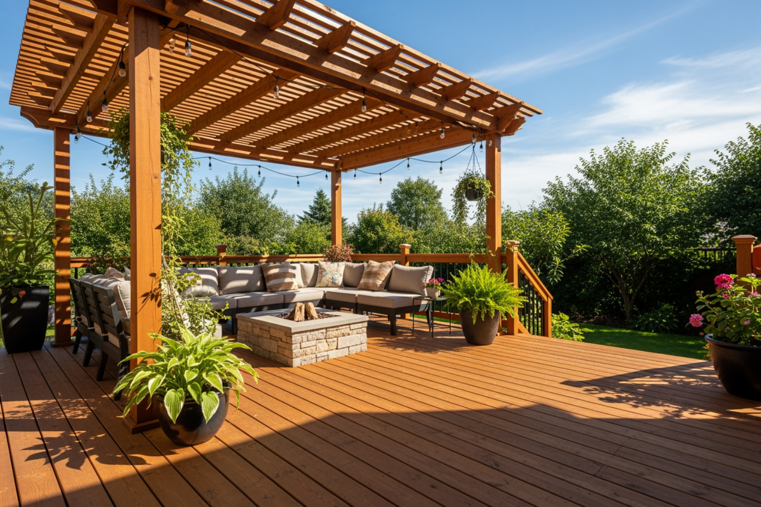 Deck with pergola and shade - best weather protection for wood deck