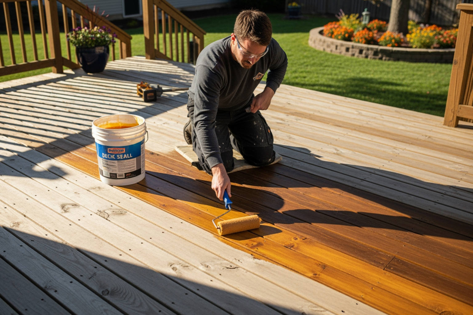 Person applying deck sealer - best weather protection for wood deck