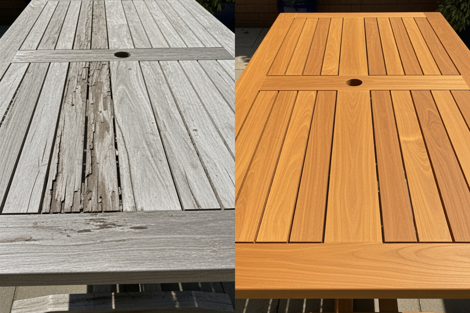 Weathered Teak Table Next To Restored Teak Table - Best Protection For Outdoor Wood Table Weathered teak table next to restored teak table - best protection for outdoor wood table