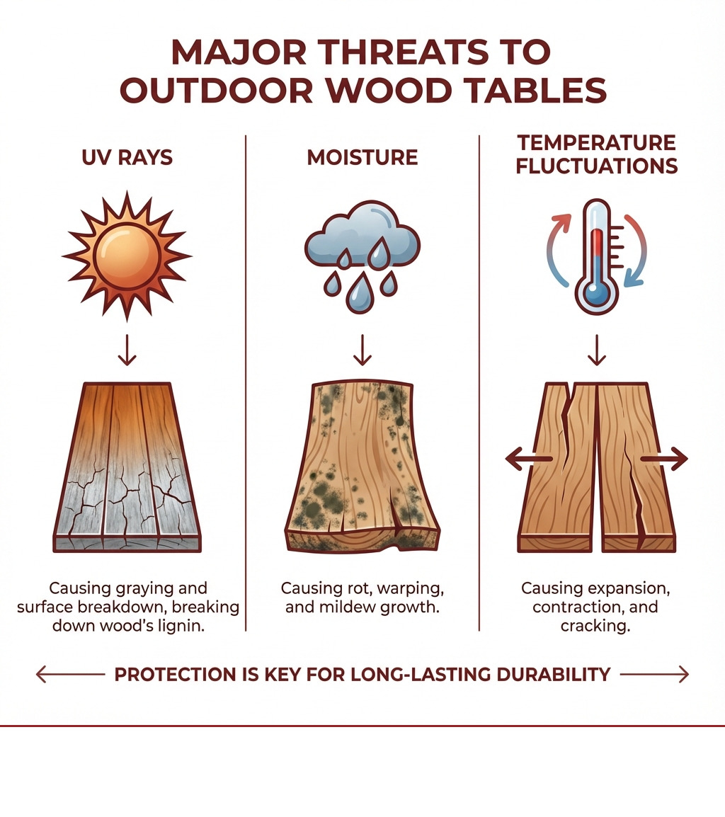 Infographic Showing Three Main Threats To Outdoor Wood Tables: Uv Rays Causing Graying And Surface Breakdown, Moisture Causing Rot Warping And Mildew, And Temperature Fluctuations Causing Expansion Contraction And Cracking, With Icons And Brief Descriptions Of Each Threat - Best Protection For Outdoor Wood Table Infographic Infographic showing three main threats to outdoor wood tables: uv rays causing graying and surface breakdown, moisture causing rot warping and mildew, and temperature fluctuations causing expansion contraction and cracking, with icons and brief descriptions of each threat - best protection for outdoor wood table infographic