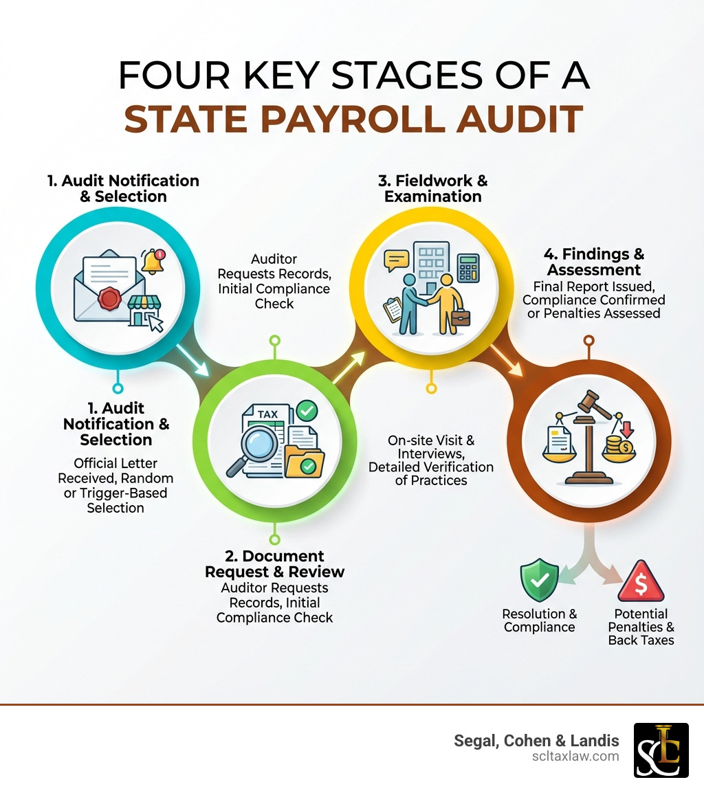 infographic showing the four key stages of a state payroll audit: 1) Audit Notification and Selection, 2) Document Request and Review, 3) Fieldwork and Examination, 4) Findings and Assessment - state payroll audit infographic 
