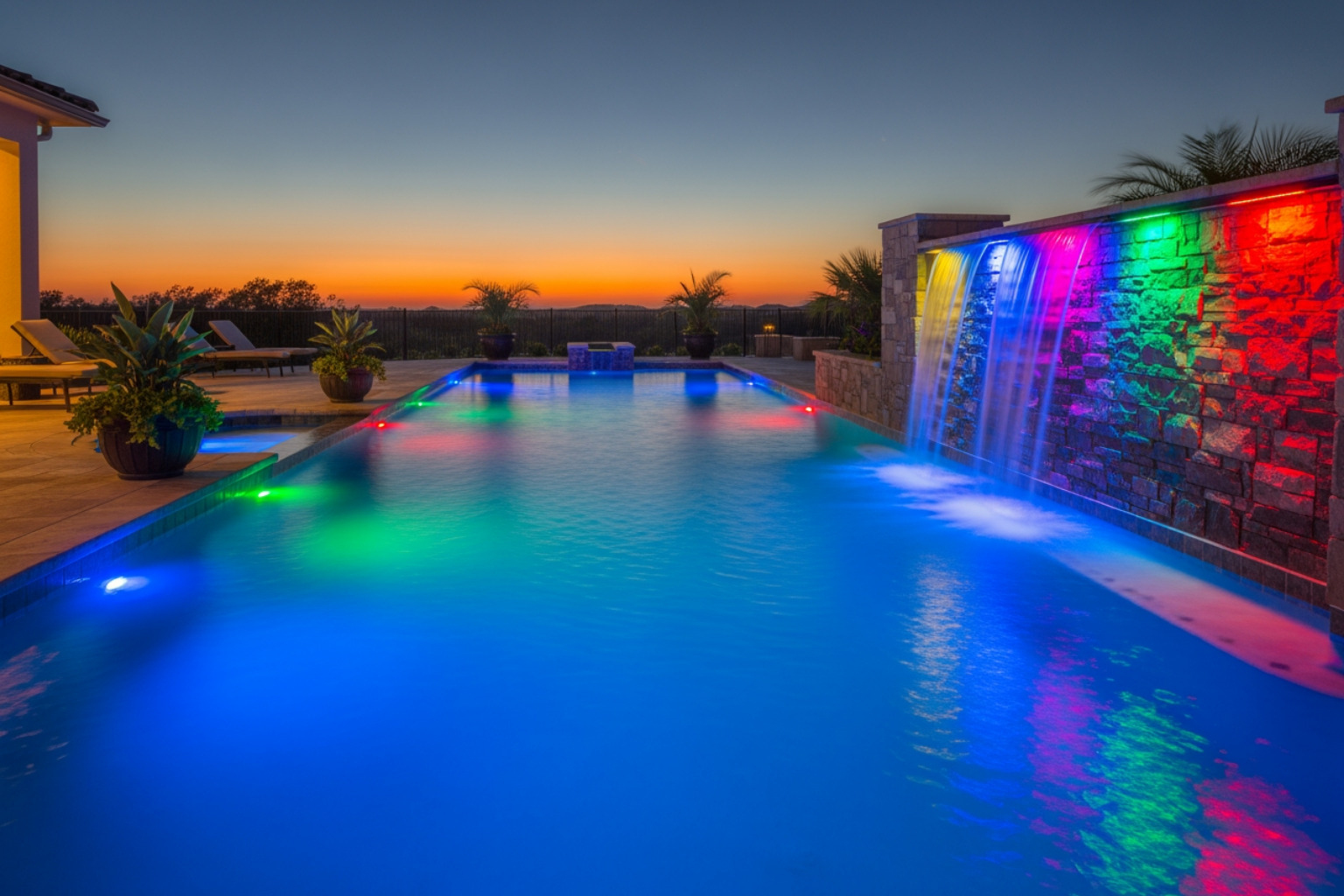 pool at dusk, illuminated with colorful LED lights, highlighting a waterfall feature - pool customizations pool at dusk, illuminated with colorful LED lights, highlighting a waterfall feature - pool customizations