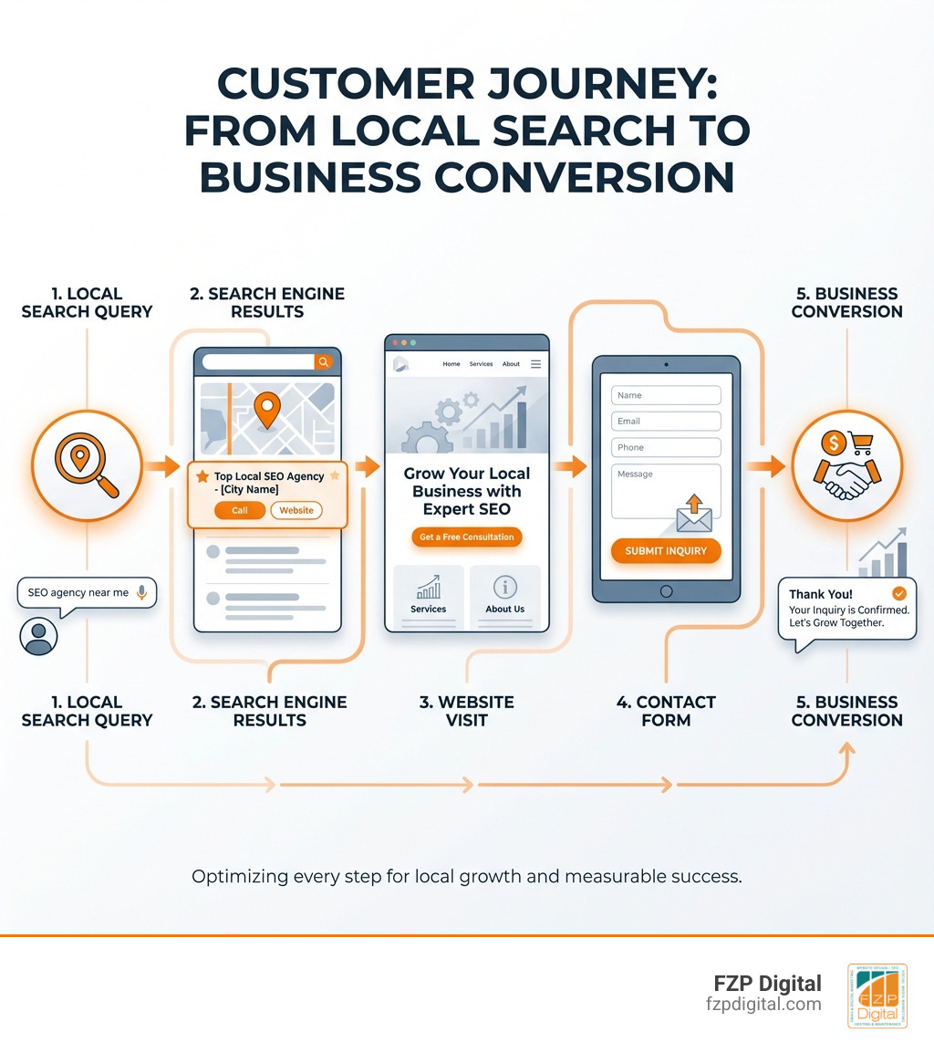 infographic showing customer journey from local search query to business conversion with steps including search engine results, website visit, contact form, and purchase - seo agency near me infographic infographic showing customer journey from local search query to business conversion with steps including search engine results, website visit, contact form, and purchase - seo agency near me infographic