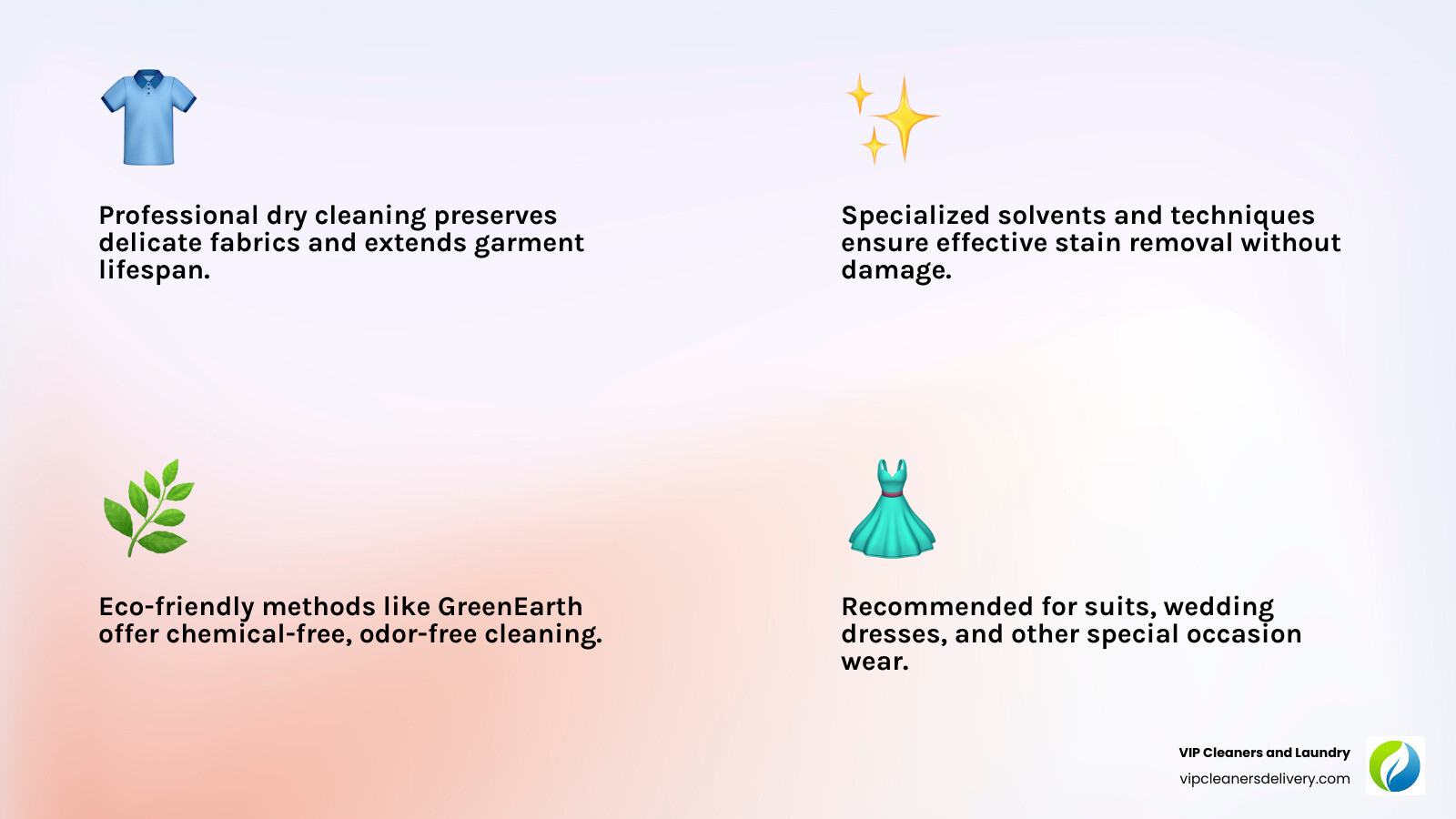 Infographic comparing dry cleaning vs regular washing methods, showing the chemical-free GreenEarth process, fabric care benefits, stain removal effectiveness, and when to choose professional dry cleaning over home laundering for delicate fabrics, suits, wedding dresses, and special occasion wear - Dry Cleaners Rancho Bernardo infographic 4_facts_emoji_light-gradient