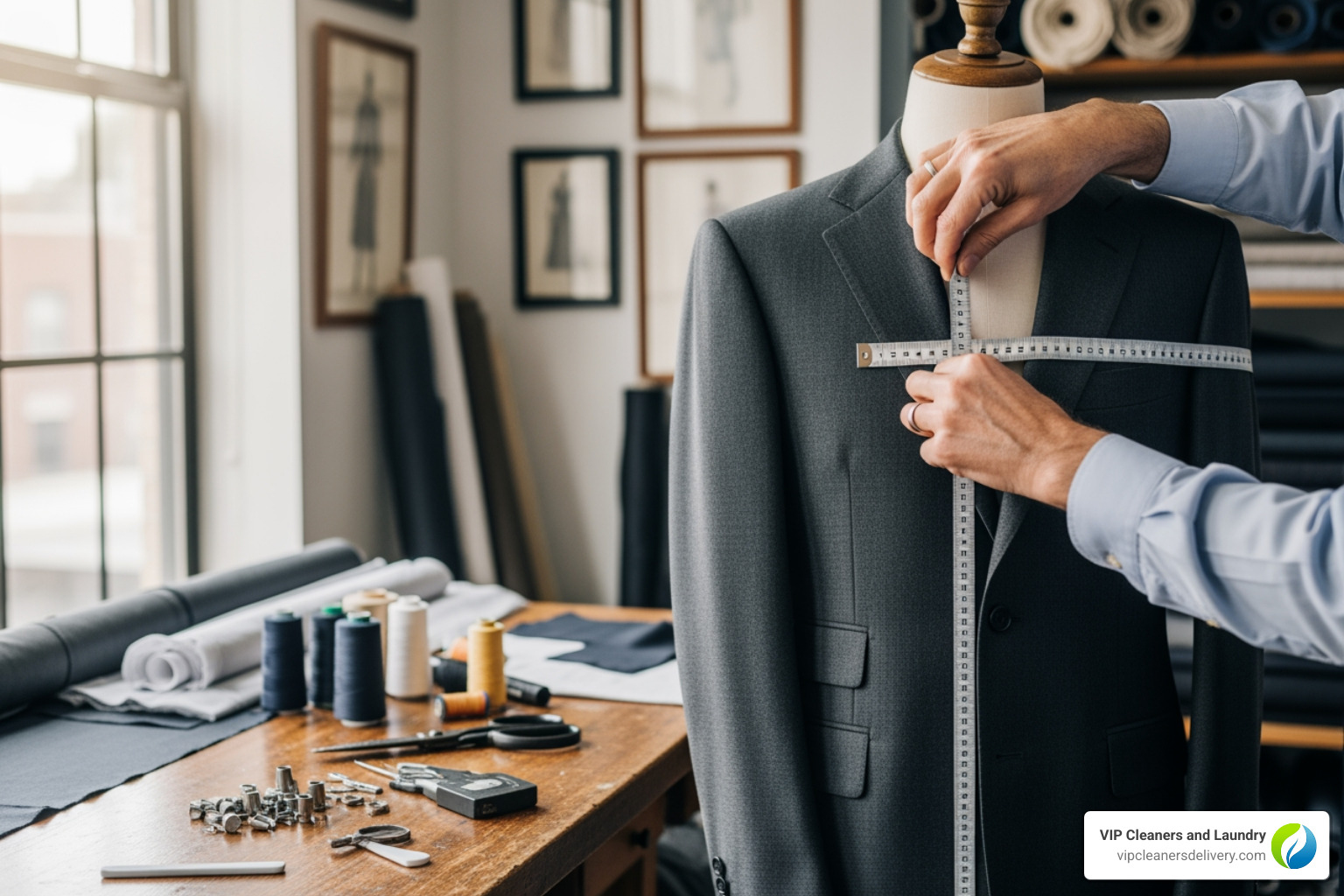 A tailor meticulously measuring a suit jacket on a mannequin, emphasizing precision and attention to detail in garment alterations - Dry Cleaners Rancho Bernardo