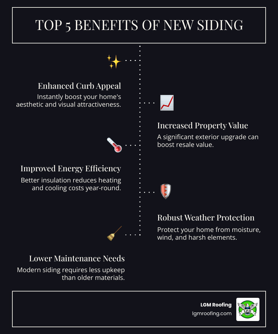 infographic showing five key benefits of new siding including enhanced curb appeal with before and after home images, increased property value with upward trending home icon, improved energy efficiency with insulation layers diagram, protection against weather elements with shield icon, and reduced maintenance with calendar showing longer intervals between upkeep - home siding contractors in montclair, nj infographic infographic-line-5-steps-dark Top 5 benefits of new siding infographic highlighting enhanced curb appeal, increased property value, improved energy efficiency, robust weather protection, and lower maintenance needs, branded with LGM Roofing logo.