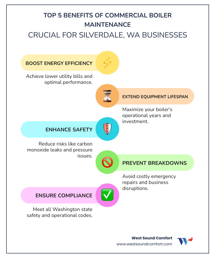 Infographic showing the top 5 benefits of regular commercial boiler maintenance: improved energy efficiency and lower utility costs, extended equipment lifespan, enhanced safety with reduced carbon monoxide risk, fewer emergency breakdowns and business disruptions, and compliance with Washington state safety codes - commercial boiler heat maintenance in silverdale, wa infographic infographic-line-5-steps-colors