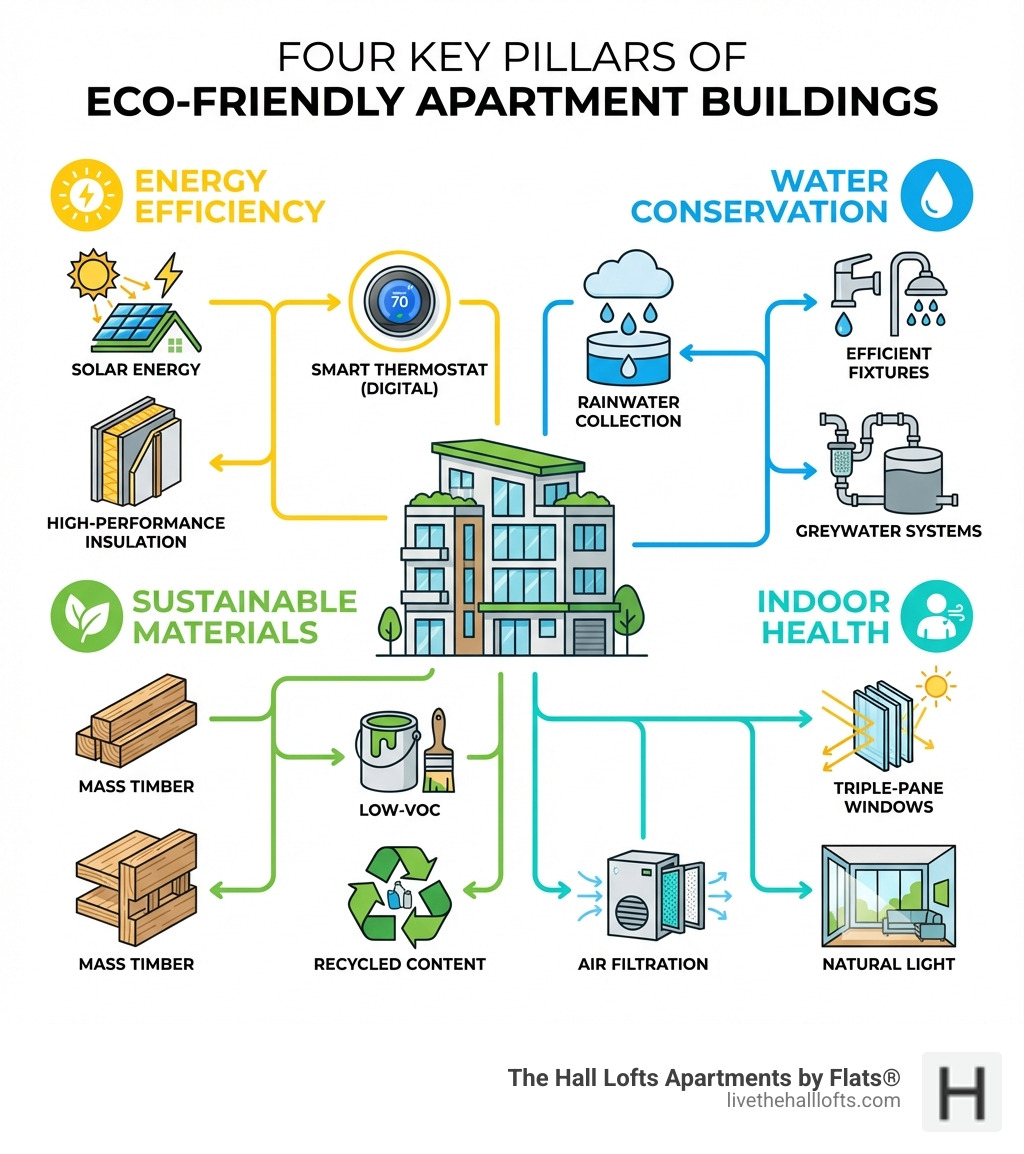 Infographic showing the four key pillars of eco friendly apartment buildings: Energy Efficiency (solar panels, smart thermostats, high-performance insulation), Water Conservation (rainwater collection, efficient fixtures, greywater systems), Sustainable Materials (mass timber, low-VOC paints, recycled content), and Indoor Health (triple-pane windows, air filtration, natural light) - eco friendly apartment buildings infographic 