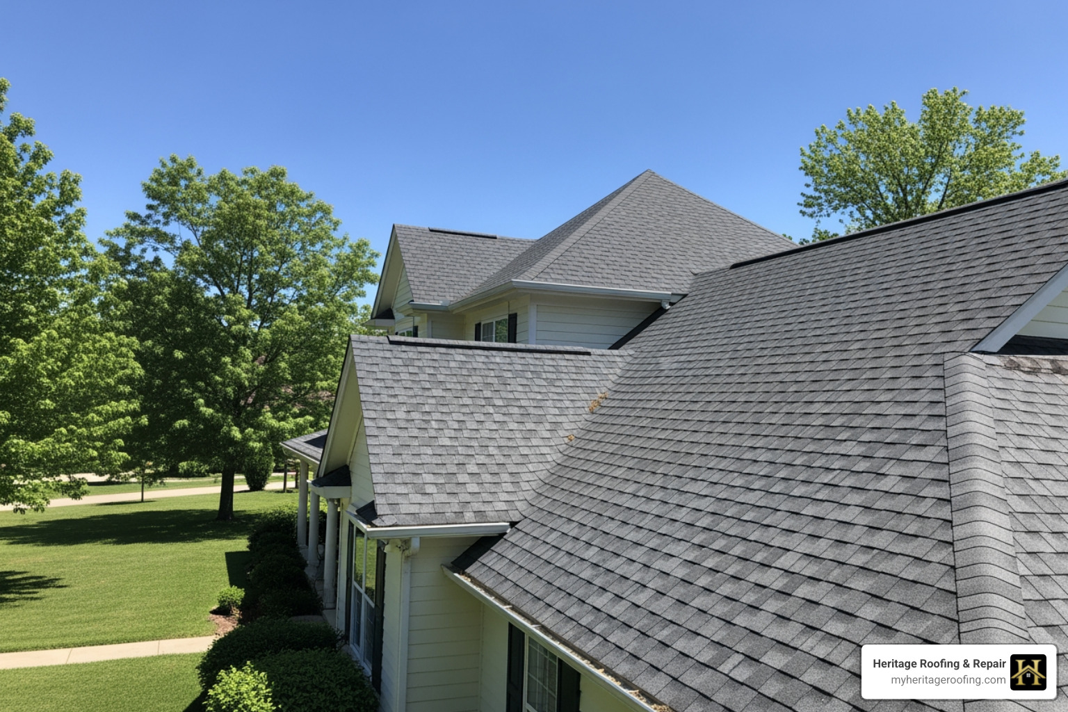 A beautiful, clean roof on a Harrison, AR home with a clear blue sky. Text overlays highlight: Increased Property Value; Extended Roof Lifespan; Improved Energy Efficiency; Prevention of Costly Repairs; Healthier Living Environment; Improved Curb Appeal - roof pressure washing harrison A beautiful, clean roof on a Harrison, AR home with a clear blue sky. Text overlays highlight: Increased Property Value; Extended Roof Lifespan; Improved Energy Efficiency; Prevention of Costly Repairs; Healthier Living Environment; Improved Curb Appeal - roof pressure washing harrison