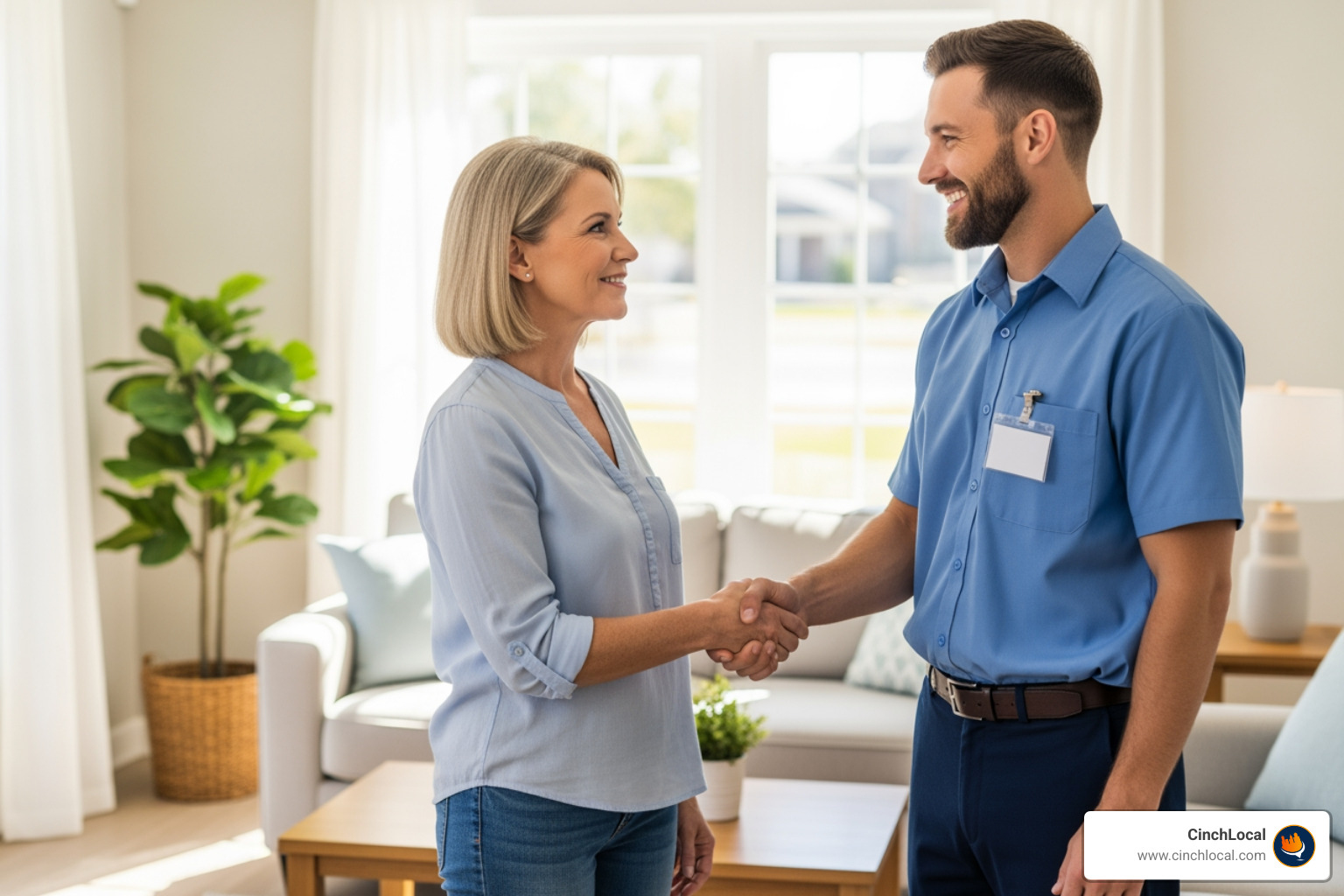 plumber smiling and shaking a happy customer's hand - content marketing for plumbers plumber smiling and shaking a happy customer's hand - content marketing for plumbers