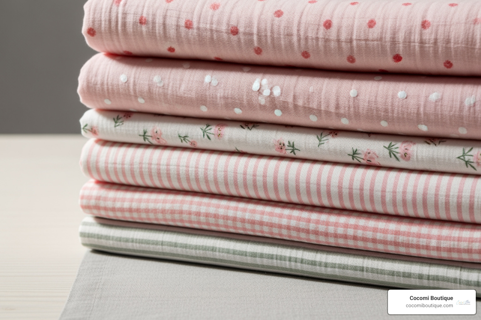 neatly folded stack of pink muslin blankets with various patterns - Pink muslin blanket